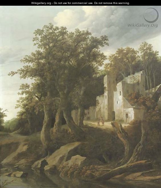A wooded river landscape with figures conversing outside a ruinous building - Cornelius Decker