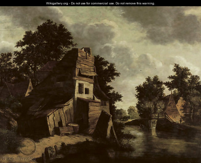 A house in a wooded river landscape with a washerwoman in the foreground - Cornelius Decker