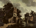 A house in a wooded river landscape with a washerwoman in the foreground - Cornelius Decker