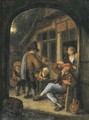 Peasants by a doorway with a pipe player, through an open arch - Cornelis Dusart