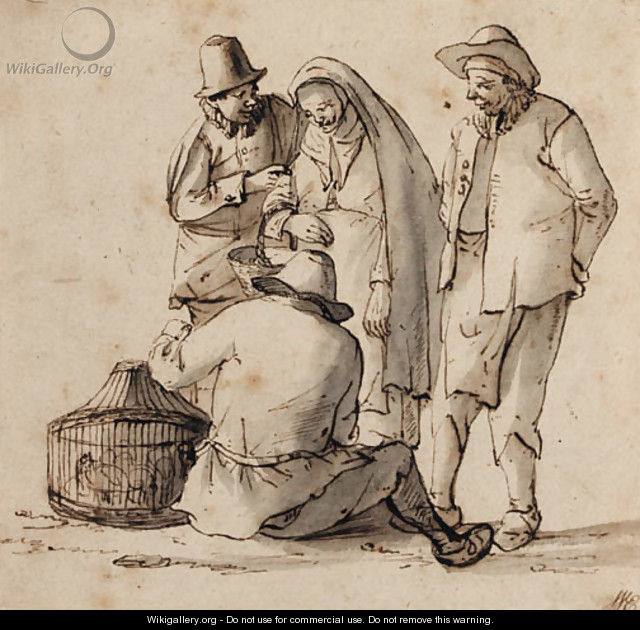 Four peasants looking at a basket containing birds - Cornelis Dusart