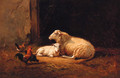 Sheep and Cockerels in a Farmyard - Cornelis van Leemputten