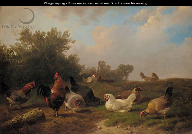 A cockerell and hens feeding by a tree-stump - Cornelis van Leemputten