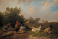 A cockerell and hens feeding by a tree-stump - Cornelis van Leemputten