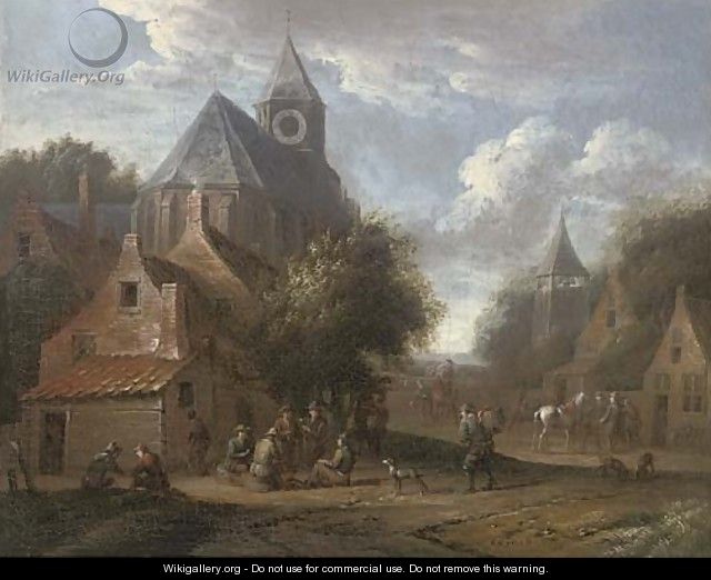 A village with boors smoking outside a church - Cornelis van Essen