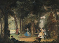 The garden of a mansion with elegant company making music and dancing - Cornelis Troost