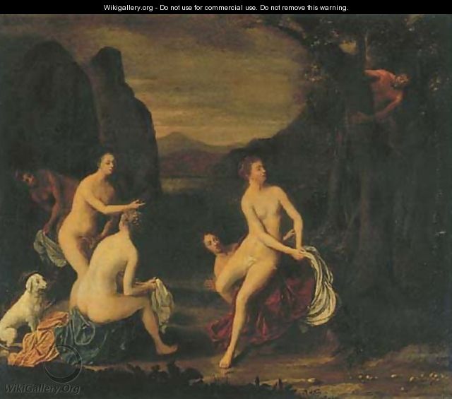 A wooded landscape with Diana and her Nymphs bathing, a satyr spying from a tree - Cornelis Stangerus