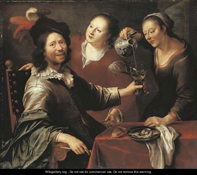 A gentleman seated at a table with two serving girls - Cornelis Stangerus