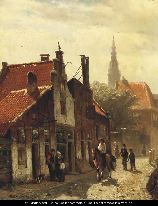 Gezicht op de Voldersgracht te Haarlem figures on a canal side in Haarlem, the St. Bavo church beyond - Cornelis Springer