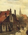 Gezicht op de Voldersgracht te Haarlem figures on a canal side in Haarlem, the St. Bavo church beyond - Cornelis Springer