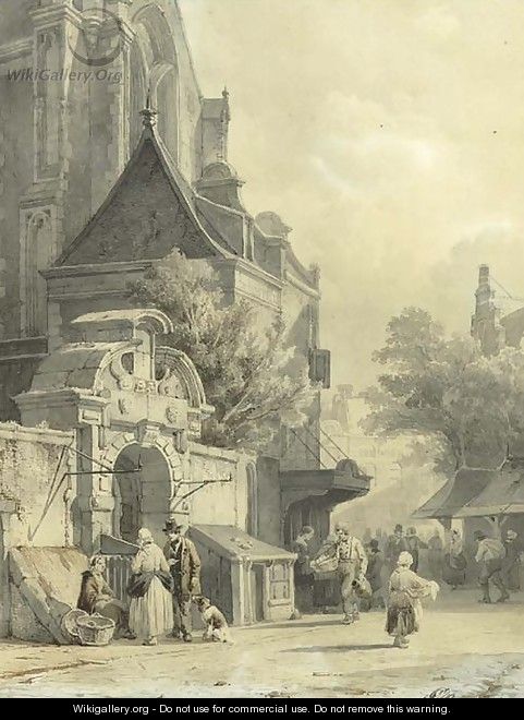 Daily activities on a church square - Cornelis Springer