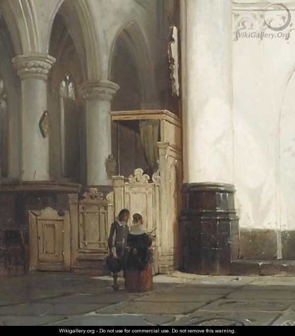 Church interior with an elegant couple - Cornelis Springer