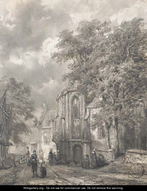 Asperen a town view with figures by a church - Cornelis Springer
