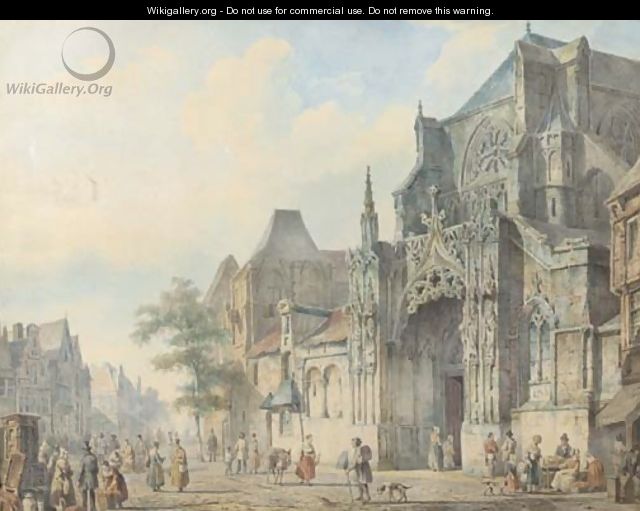 A townview with figures on a church square - Cornelis Springer