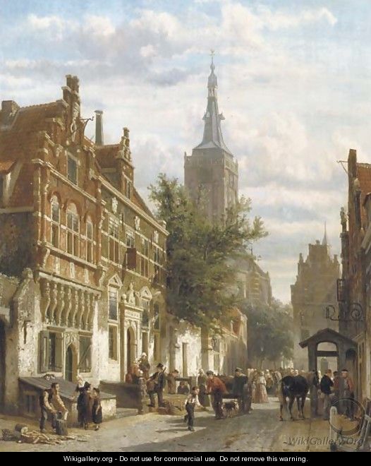 A sunny view of the Nieuwstraat in the Dutch town of Hasselt, with the St. Stephanus church beyond - Cornelis Springer