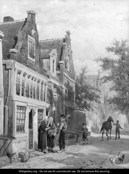 A streetscene with villagers conversing on a doorstep - Cornelis Springer