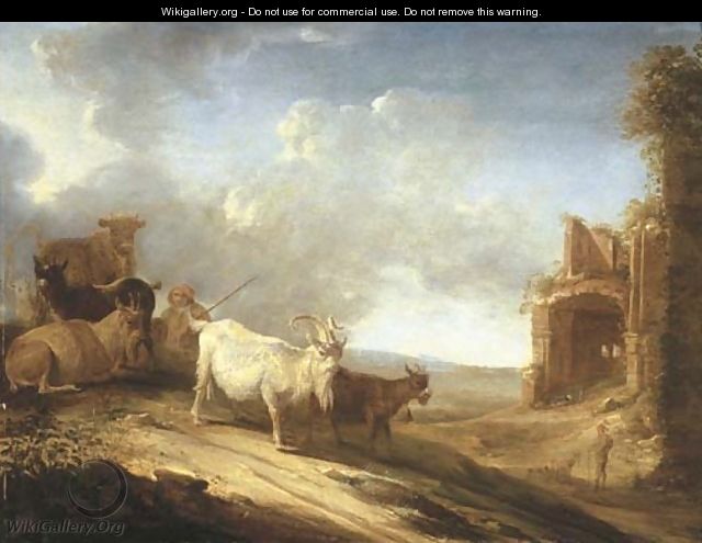 An open landscape with a herdsman, goats and a cow on a track, a ruin beyond - Cornelis Saftleven