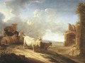 An open landscape with a herdsman, goats and a cow on a track, a ruin beyond - Cornelis Saftleven