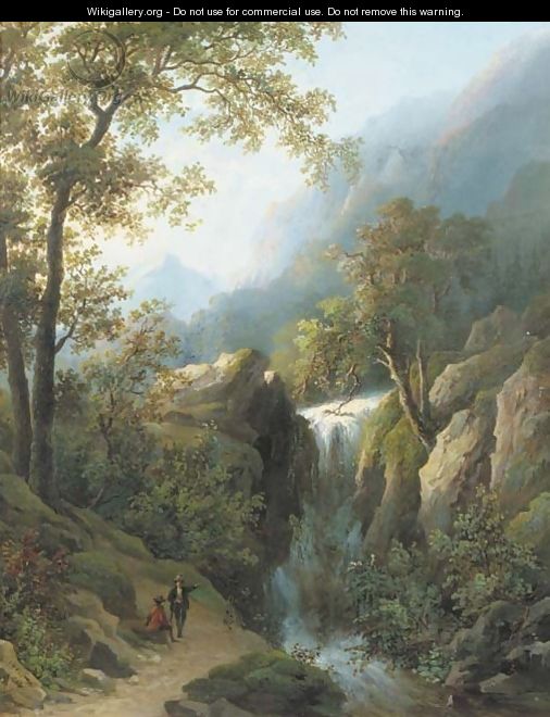 Travellers by a waterfall - Corstiaan Hendrikus De Swart