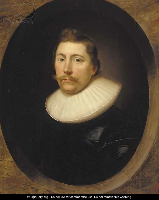 Portrait of a gentleman, bust-length, in a black silk doublet and white ruff, feigned oval - Cornelis I Johnson