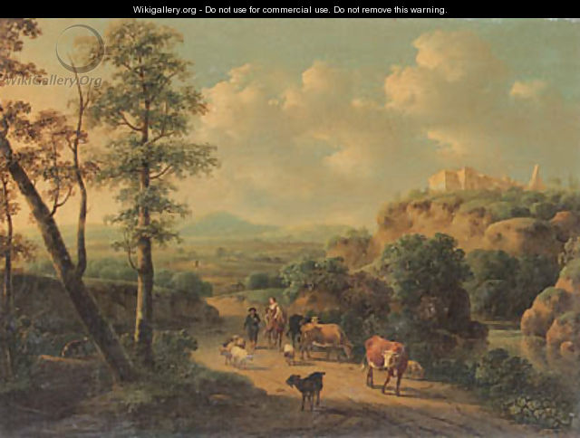 Peasants and cattle in an Italianate landscape - Cornelis Van Der Meulen