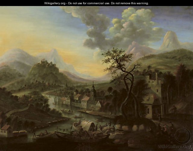 A Rhenish river landscape with a ferry and other boats, a town beyond - Cornelis Verdonck