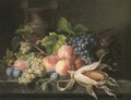 Peaches, grapes on the vine, plums, a melon and corn on the cob on a marble ledge with an urn - Cornelis van Spaendonck