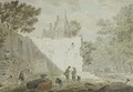 Peasants with cattle among ruins, a road to the right - Cornelius van Noorde