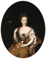 Portrait of a noblewoman, seated small three quarter length in a landscape, wearing a blue lined, ochre silk dress with lace chemise - Constantin Netscher