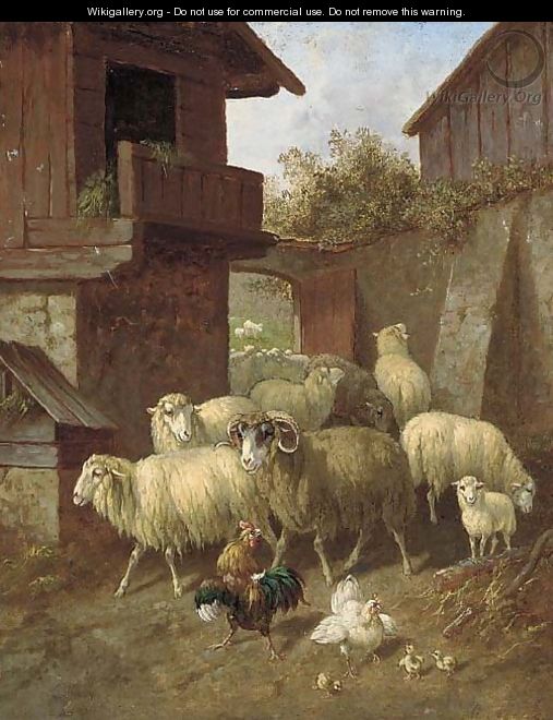 Sheep and poultry in a farmyard; and Sheep and poultry in a barn - Continental School