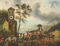 Huntsmen in an Italianate lake landscape, a clock picture - Continental School