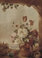 Flowers in a jug, a bird's nest and fruit on a window ledge - Continental School