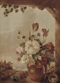 Flowers in a jug, a bird