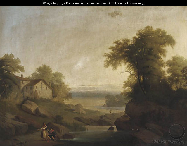 Figures gossiping by a pond, in an Italianate landscape - Continental School