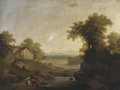 Figures gossiping by a pond, in an Italianate landscape - Continental School