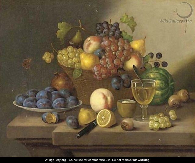 A still life of grapes, pears and apples in a wicker basket and plums, lemons and a peach on a ledge - Continental School