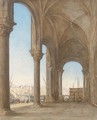 A loggia by the harbour of an Italian town - Continental School
