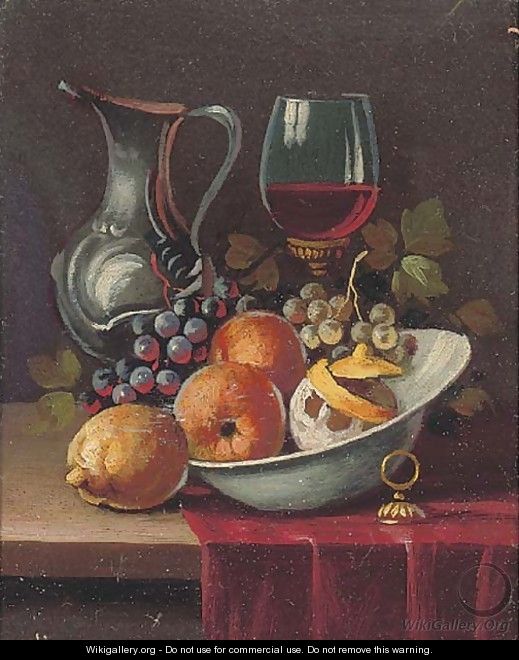 Oranges in a bowl, with grapes, a glass of wine and a ewer to the side - Continental School