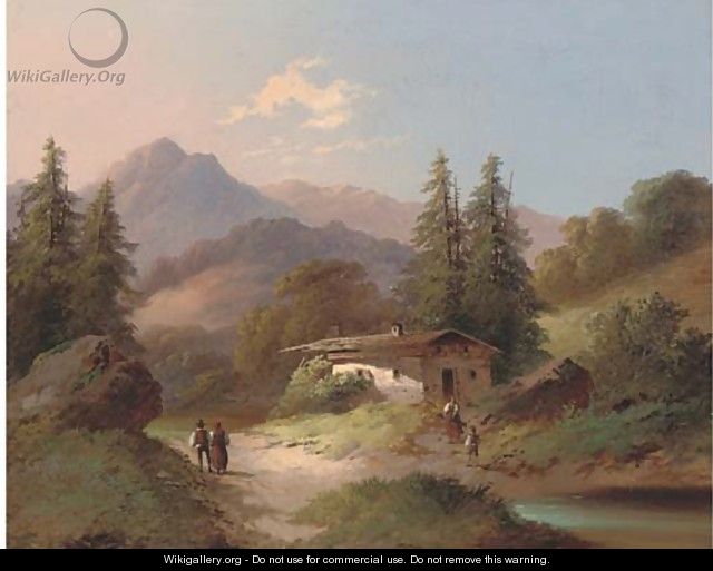 Figures by a chalet, in an Alpine landscape - Continental School