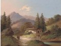 Figures by a chalet, in an Alpine landscape - Continental School