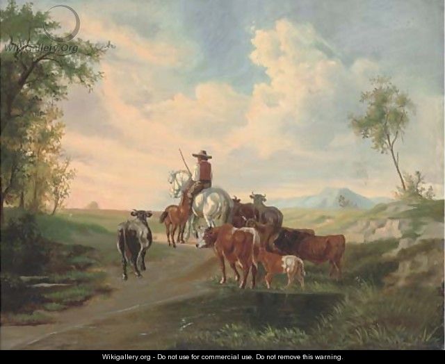 A herder and his cattle, in an extensive landscape - Continental School