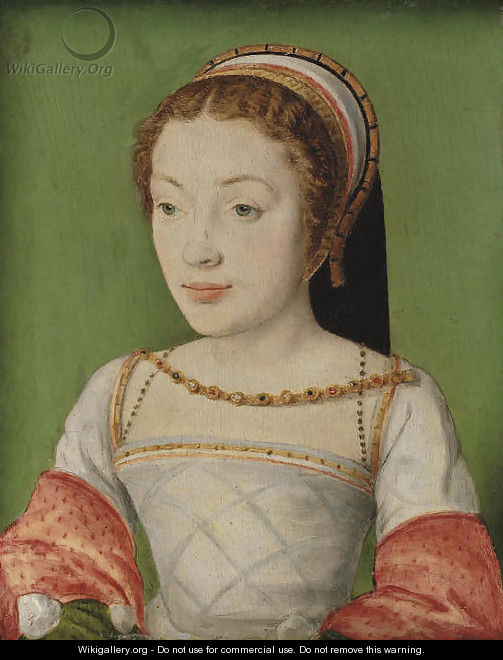 Portrait of Renee de France (1510-1574), bust-length, in a white dress with red sleeves, with a jewelled necklace and a head-dress - Corneille De Lyon