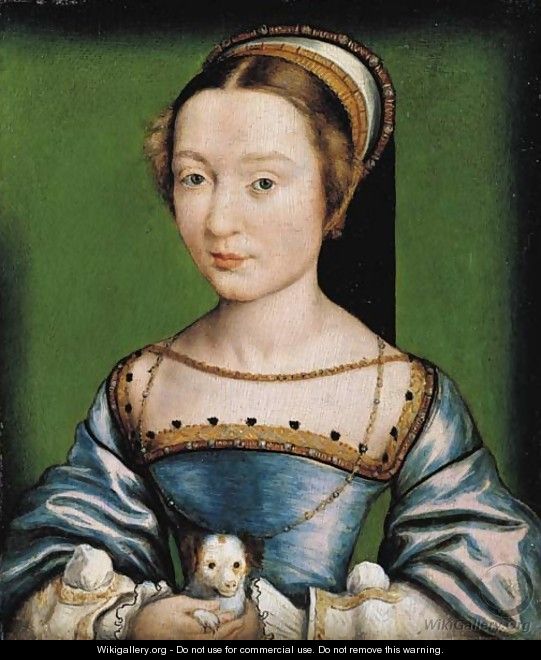 Portrait of a lady, bust-length, in a blue dress, holding a puppy - Corneille De Lyon
