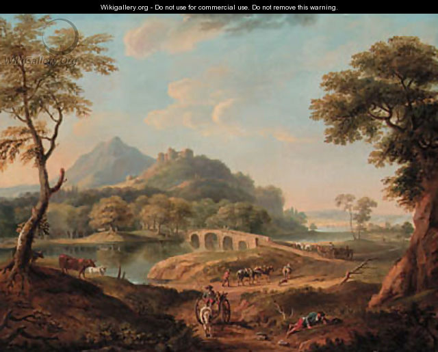 A wooded River Landscape, with figures by a bridge beneath a castle, a town beyond - Copplestone Warre Bamfylde