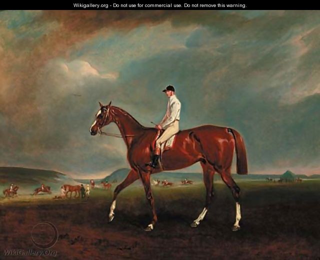 A chestnut racehorse with jockey up, with horses exercising beyond - Claude L. Ferneley