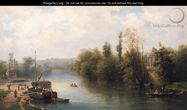 A Barge Moored By A River Bank, A Temple Beyond - Claude Sebastien Hugard De La Tour