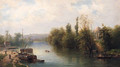 A Barge Moored By A River Bank, A Temple Beyond - Claude Sebastien Hugard De La Tour