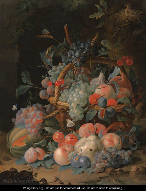 Grapes, cherries, plums, raspberries, tangerines, apples, oranges, peaches, pears, apricots and ears of corn in a basket, with a melon and other fruit - Coenraet Roepel