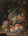 Grapes, cherries, plums, raspberries, tangerines, apples, oranges, peaches, pears, apricots and ears of corn in a basket, with a melon and other fruit - Coenraet Roepel