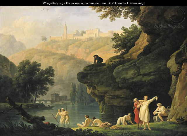 Les Baigneuses A mountainous landscape with bathers at a lake, a man looking on from an outcrop above - Claude-joseph Vernet